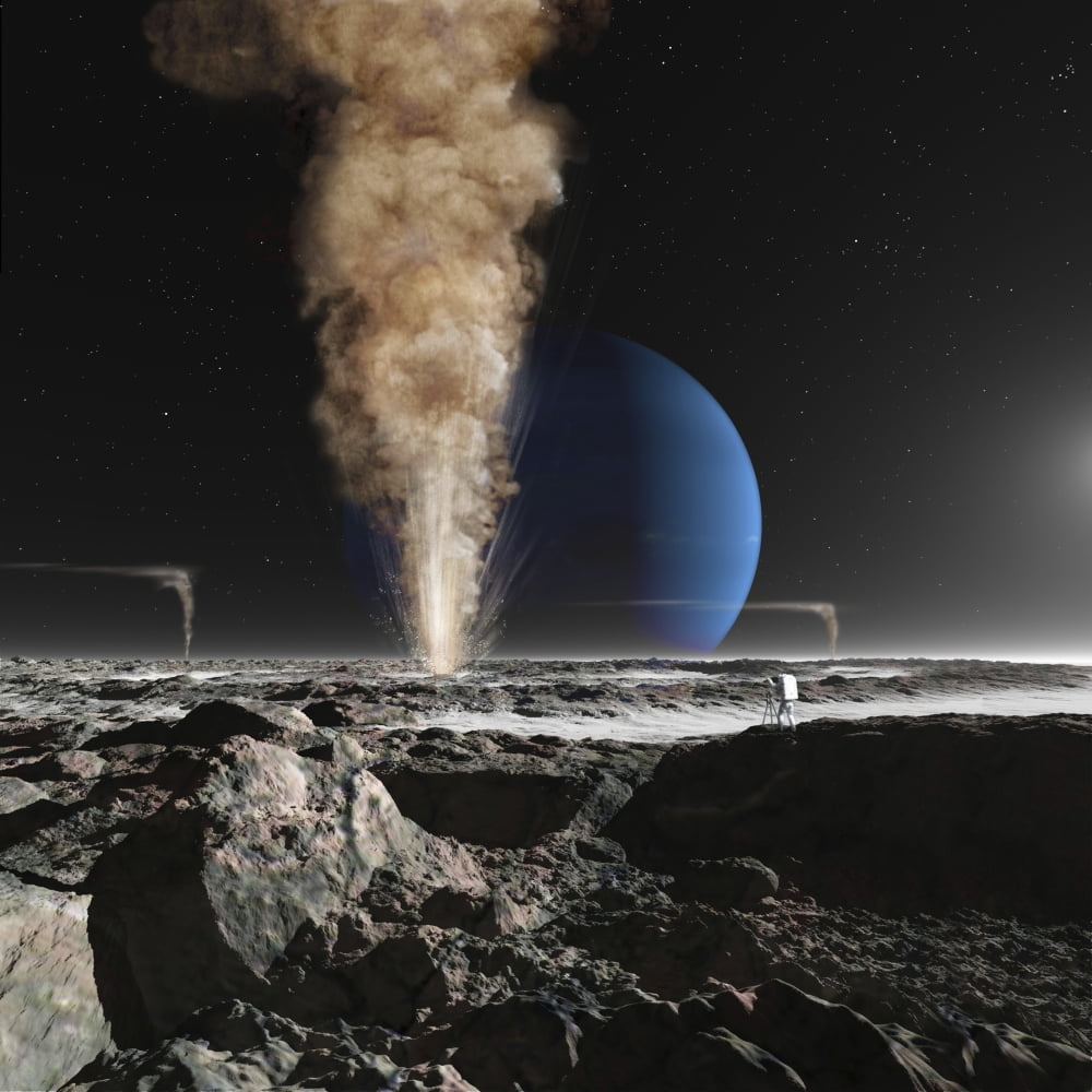 An astronaut observes the eruption of one of Tritons giant cryogeysers Canvas Art - Ron MillerStocktrek Images (28 x 28)