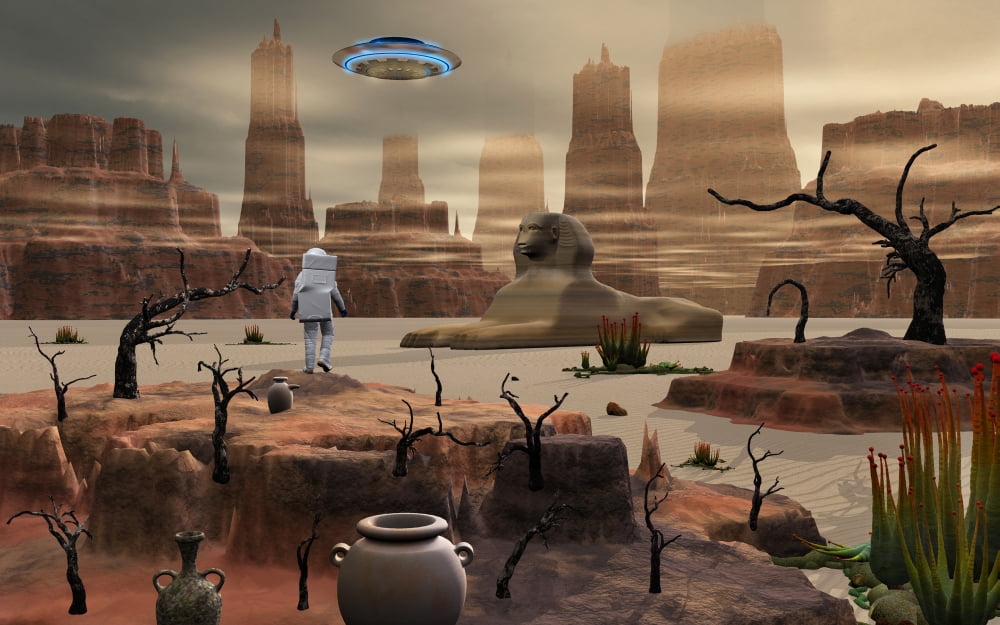 An astronaut on an alien world is confronted by an Egyptian sphinx and UFO Canvas Art - Mark StevensonStocktrek Images (18 x 12)