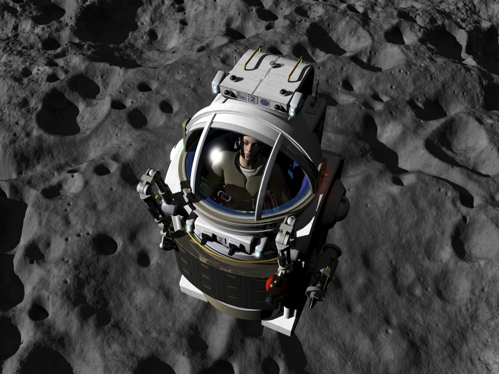 An astronaut piloting a Manned Maneuvering Vehicle above the surface of an asteroid Canvas Art - Walter MyersStocktrek Images (33 x 25)