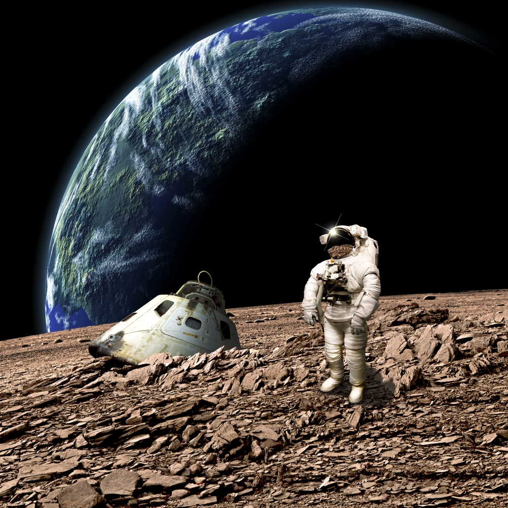 An astronaut surveys his situation after being marooned on a barren planet Canvas Art - Marc WardStocktrek Images (29 x 29)