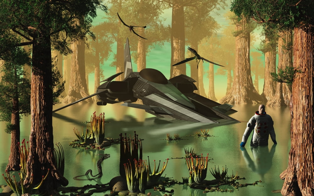 An astronaut wades through the swamp-like waters of an alien world Canvas Art - Mark StevensonStocktrek Images (18 x 12)