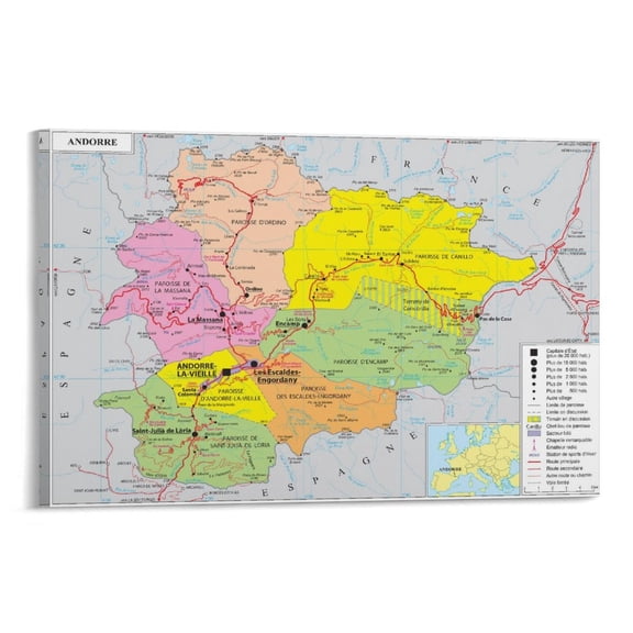 An-dorra Map Posters Posters Art Print Wall Photo Paint Poster Hanging Picture Family Bedroom Decor Gift 20x30inch(50x75cm)