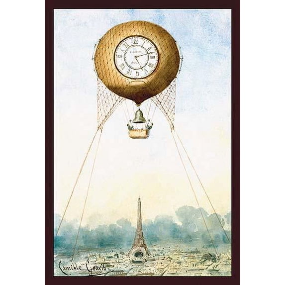 An early French balloon rises high above the Eiffel tower. A large clock face adorns the outside. Poster Print by camille gravis (18 x 24)