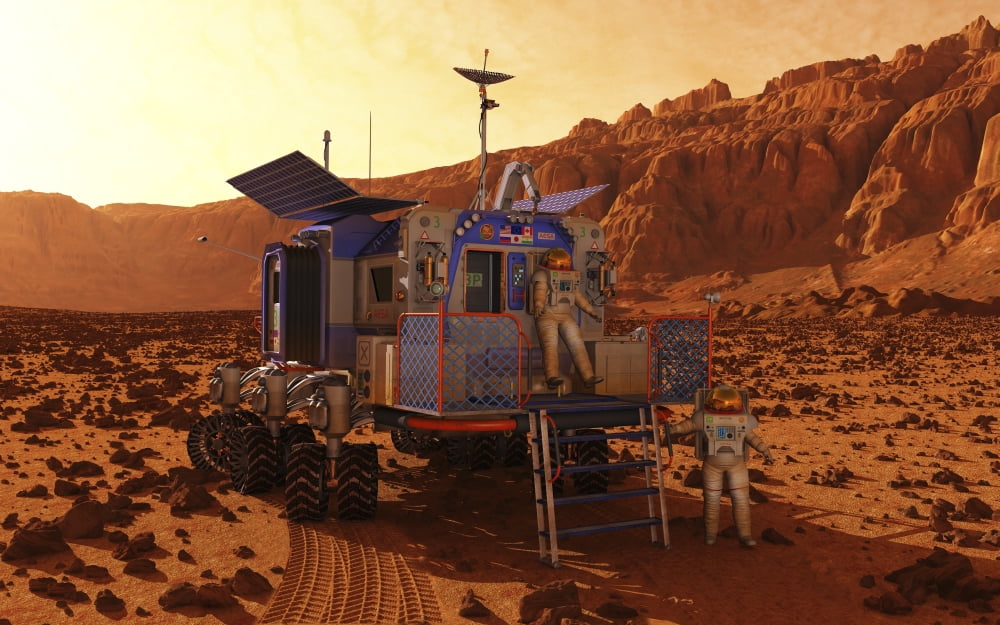 An explorer departs a manned rover ina martian canyon Canvas Art - Walter MyersStocktrek Images (18 x 12)