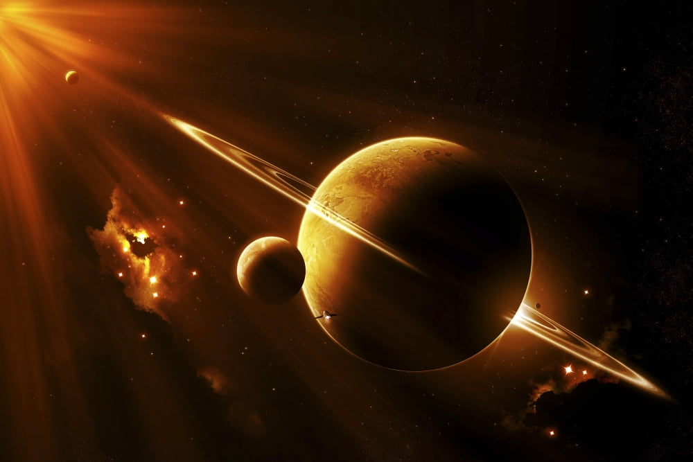 An extraterrestrial spacecraft approaches a world that lies between two bright suns Canvas Art - Kevin LafinStocktrek Images (35 x 24)