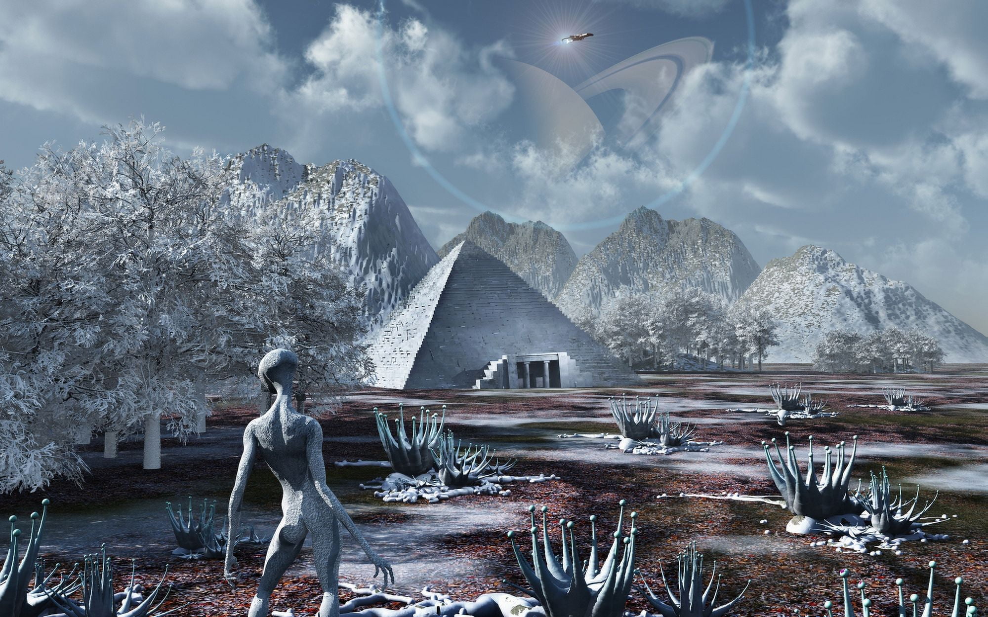 An extraterrestrial surveys an ancient structure on a distant alien world Canvas Art - Mark StevensonStocktrek Images (36 x 23)