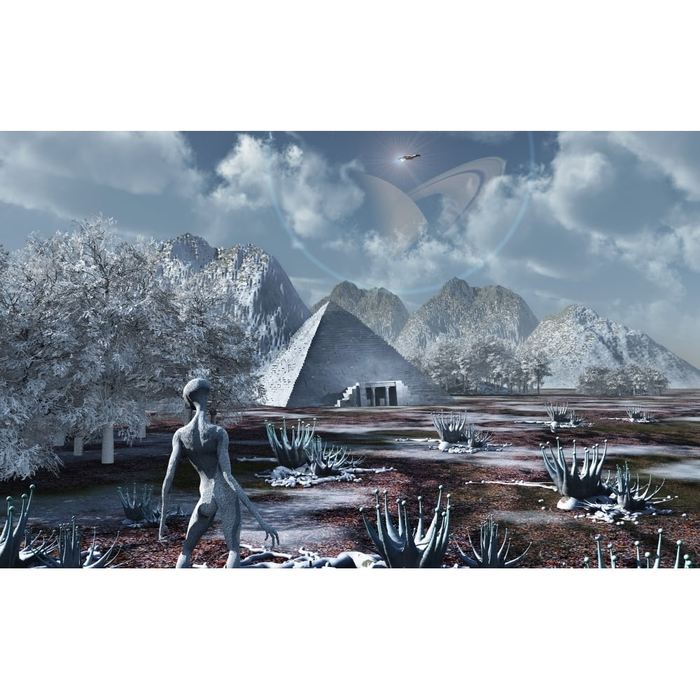 An extraterrestrial surveys an ancient structure on a distant alien ...