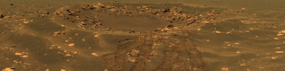 An impact crater in the Meridian Planum region of Mars Canvas Art - Stocktrek Images (57 x 14)