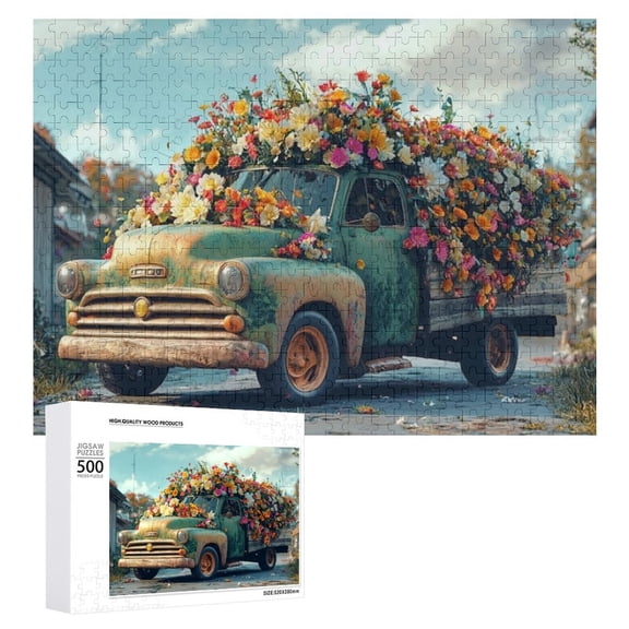 An impossible puzzle for adults to complete,Wooden Picture Puzzle Car-with-flowers-roof-is-covered-flowers Good for game night, challenging