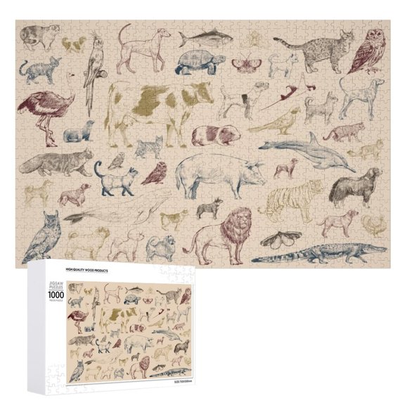An impossible puzzle for adults to complete,Wooden Picture Puzzle Illustration-drawing-style-animal-collection_ Good for game night, challenging
