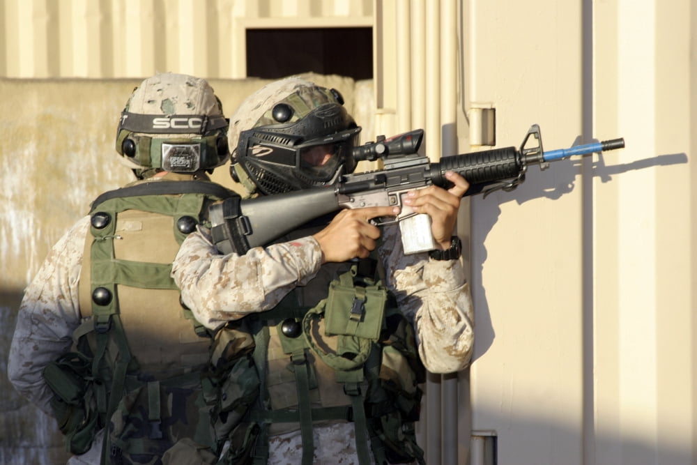 An infantry scout aims his weapon Canvas Art - Stocktrek Images (34 x 23)