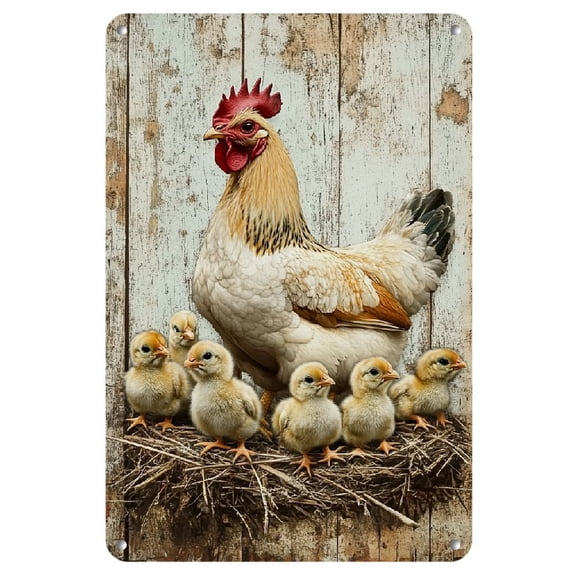 An old hen and chick metal painting plate for rustic wall art in cafes, restaurants, courtyards, nostalgic wall hanging, 1 pack - 8x12 inches