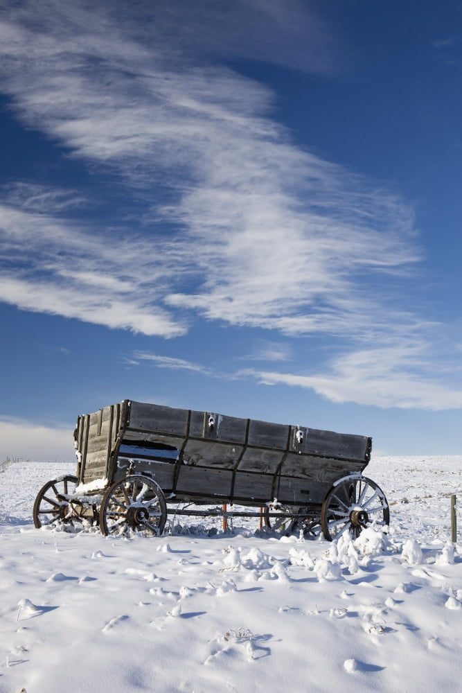 An old wooden wagon on a snow covered hillside with blue sky and cloudsAlberta canada Canvas Art - Michael Interisano Design Pics (12 x 19)