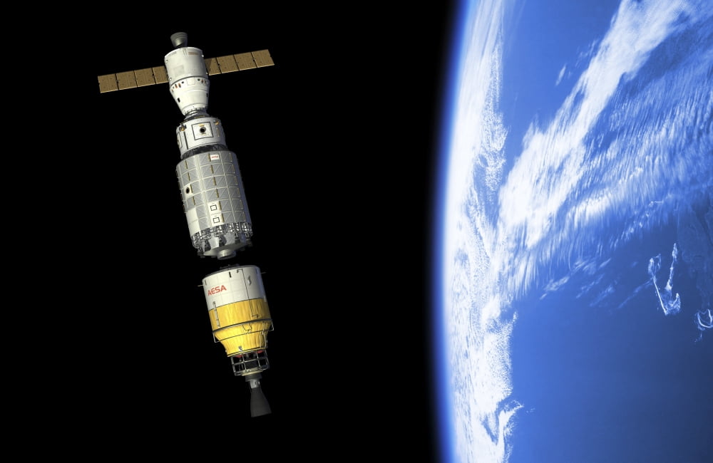 An orbital maintenance platform docks an orbiting booster in low Earth orbit Canvas Art - Walter MyersStocktrek Images (36 x 23)