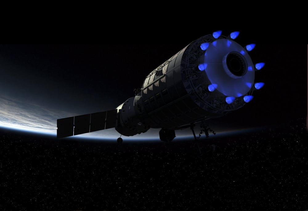 An orbital maintenance platform fires it liquid-propellant rocket thrusters Canvas Art - Walter MyersStocktrek Images (18 x 12)