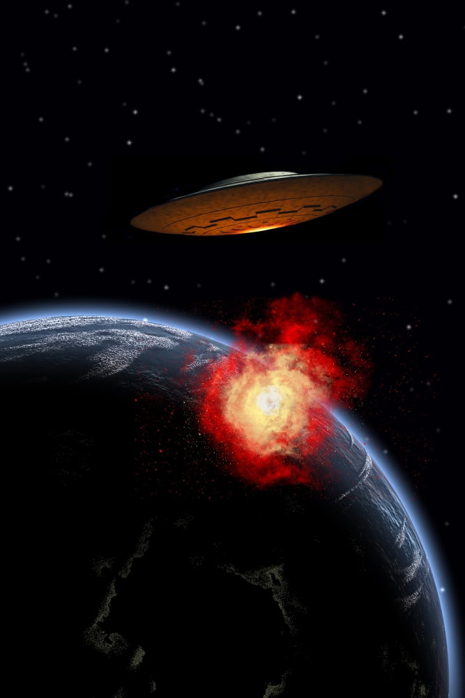 An orbiting UFO launches a deadly attack upon the surface of Earth Canvas Art - Mark StevensonStocktrek Images (24 x 35)
