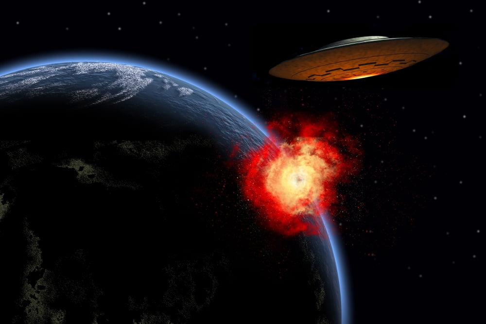 An orbiting UFO launches a deadly attack upon the surface of Earth Canvas Art - Mark StevensonStocktrek Images (35 x 24)