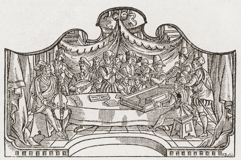 An orchestra from the Tudor period in England From a contemporary print Canvas Art - Ken Welsh  Design Pics (34 x 22)