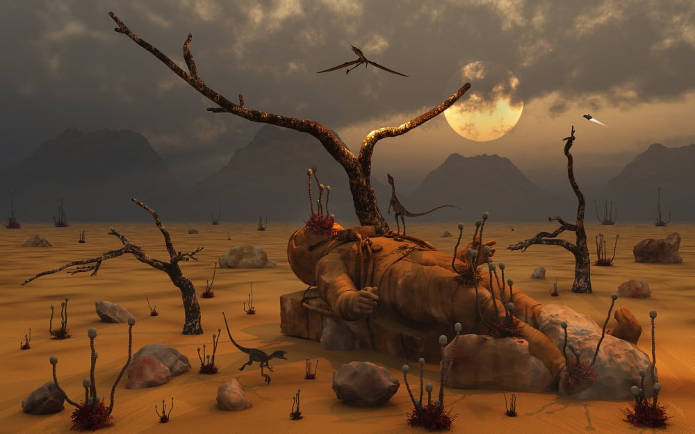 An unknown astronaut lies dead on an alien world Canvas Art - Mark StevensonStocktrek Images (18 x 12)
