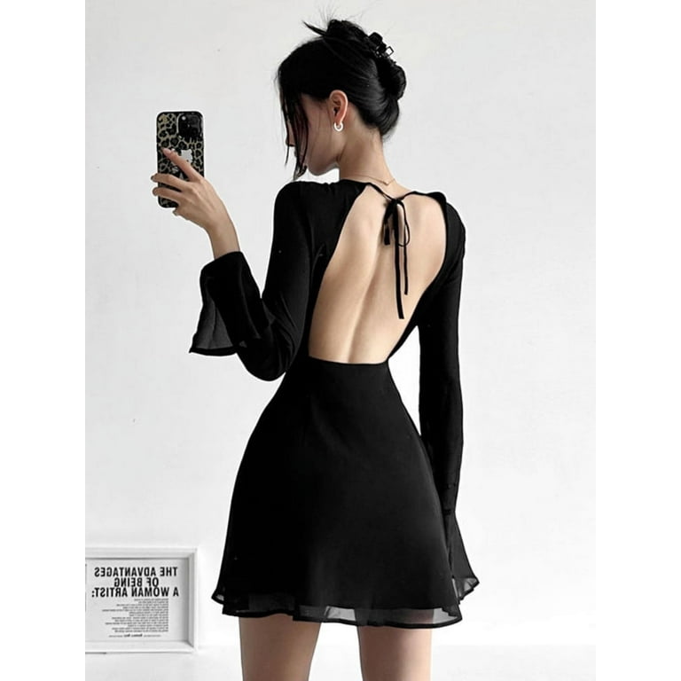 Sexy Lace Hollow Backless Black Evening Dress