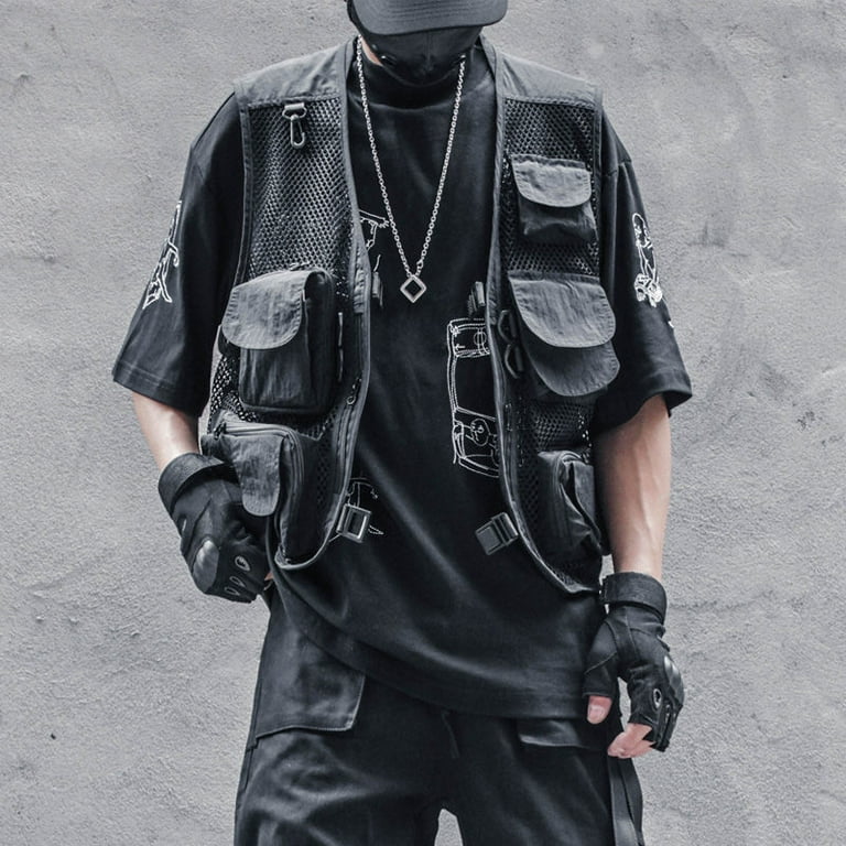 AnQingLueLv Techwear Black Cargo Biker Vest Without Sleeve AnQingLueLv Techwear Black Cargo Biker Vest Without Sleeve