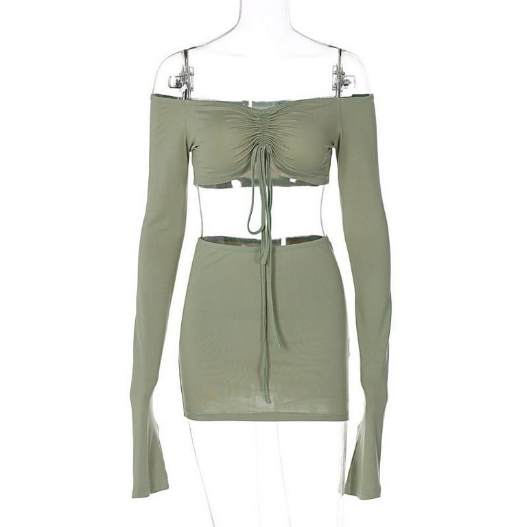 Green Ruched Crop Top Flared Maxi Skirt Two Piece Set Green Ruched Crop Top Flared Maxi Skirt Two Piece Set
