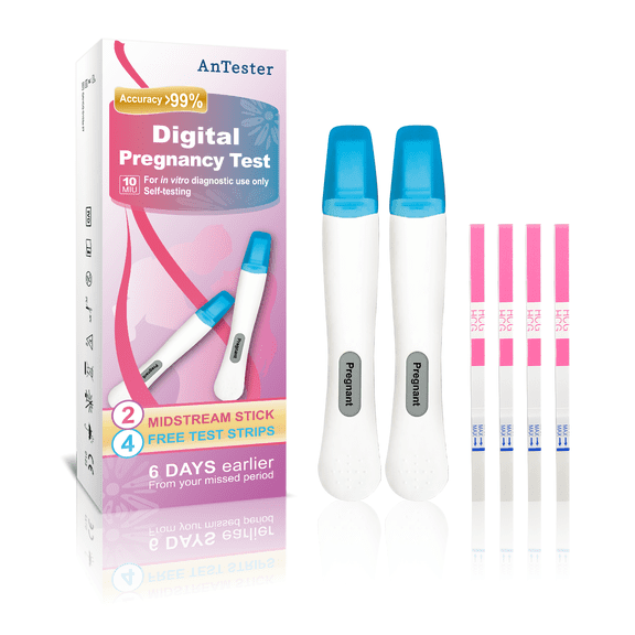 AnTester 2x Early Digital Pregnancy Test Kit + 4x hcg Test Strips 10mIU/mL,at-Home Pregnancy Test Kit for Women with Easy-to-Read Results