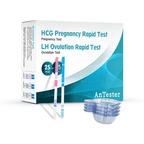 AnTester 55 Ovulation Test Strips and 25 Pregnancy Test Strips 10miu/mL Combo Kit for Women-with 70 Urine Cups (55 LH + 25 HCG)