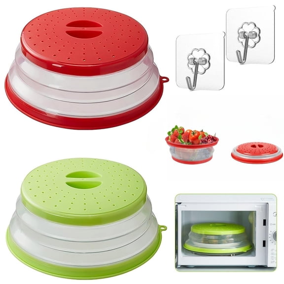 AnTom Vented Collapsible Microwave Splatter Cover with Easy Grip Handle, Dishwasher-Safe, BPA-Free Silicone & Plastic (Set of Red & Green)