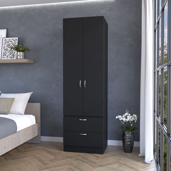 AnZeHoXi Tall Melamine Wardrobe with Two Doors and Two Drawers, Black ...