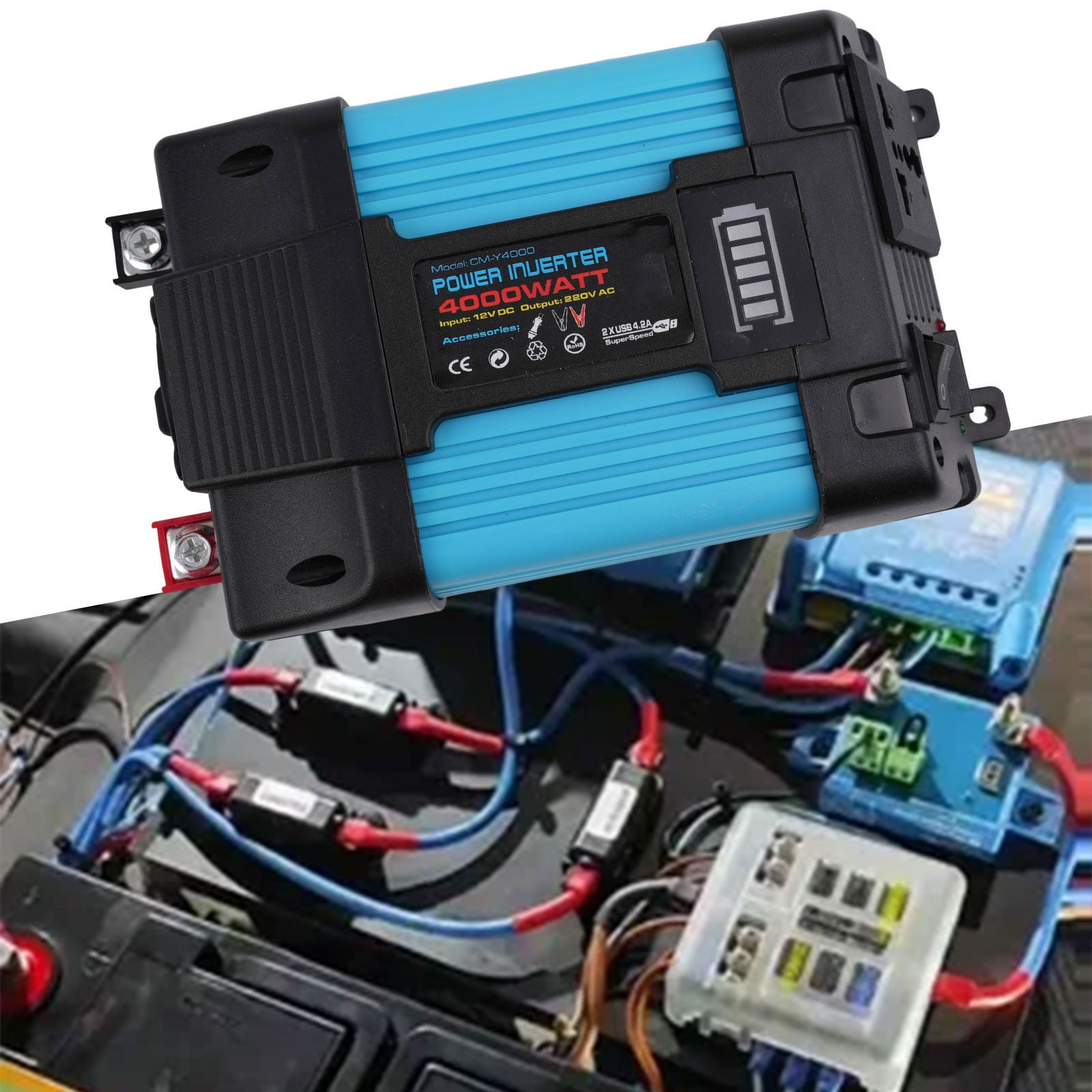Ana 4000W Y4000-Blue Car Power Inverter DC 12V To AC 110/220V Pure Sine Wave 2 USB LCD Display Battery Clips Plug Cable Auto Prarts