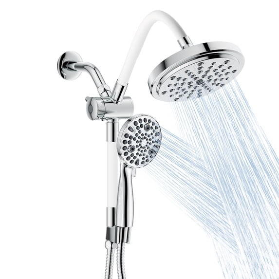Ana Bath Dual Shower Heads with TWO FLEXIBLE/BENDABLE SHOWER ARM EXTENSIONS - 7" 2-in-1 Rainfall Shower + 10-Spray Settings Hand Showerhead w/Power Jet Clean and Pause Mode (Chrome)