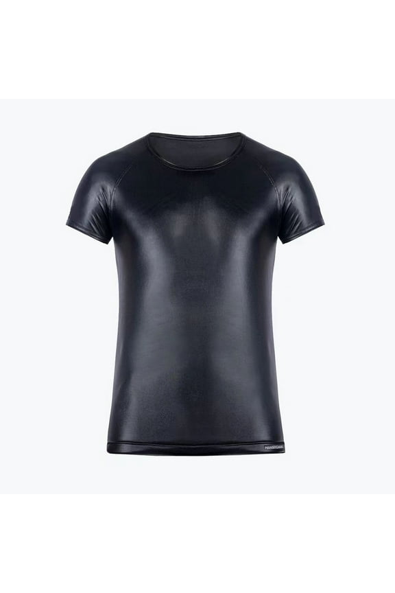 Men Stretch Faux Leather Short Sleeve Top Shirt T-shirt PU Wet-Look Tee Slim Top