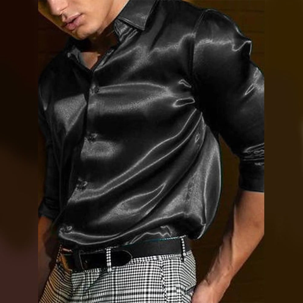 Ana Mens Satin Silk Dress Shirt Long Sleeve Casual Button Down Shirts Wedding Party