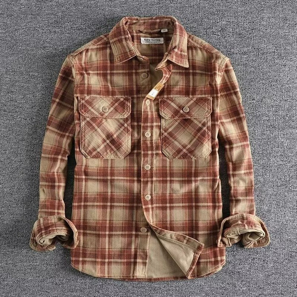 Ana Mens Style Long Sleeve Plaid Shirt Washed Corduroy Comfortable All