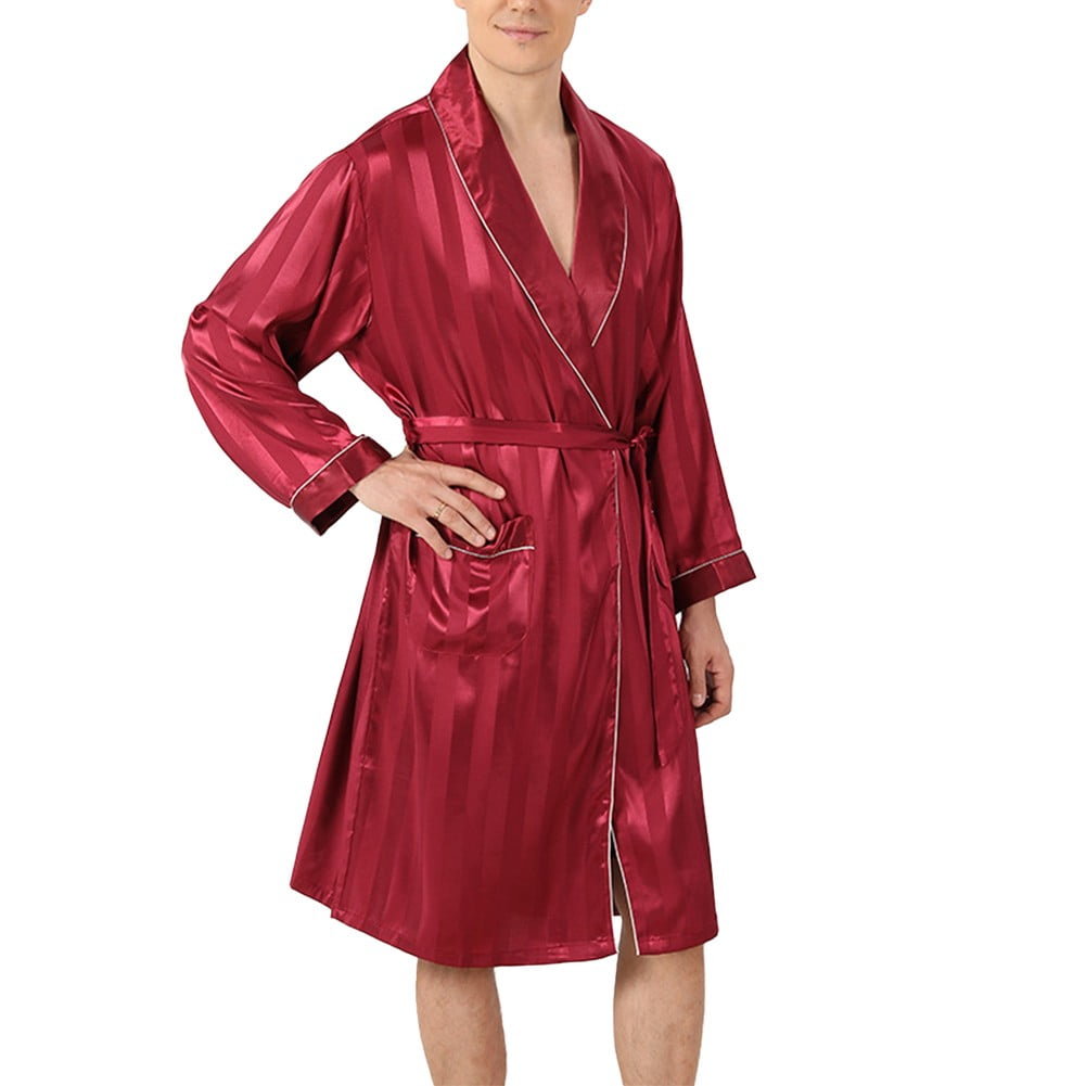 Ana Mens Summer Emulation Silk Bathrobe Long Sleeve Lightweight Baggy