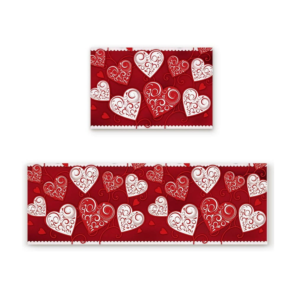 Ana Valentines Kitchen Rugs Mats Sets of 2, NonSlip Love Heart Rugs