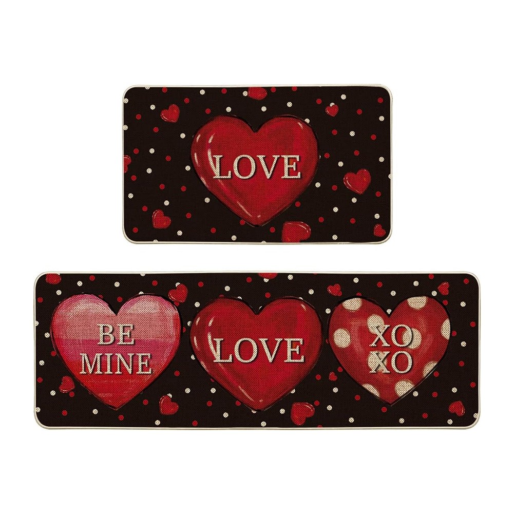 Ana Valentines Kitchen Rugs Mats Sets of 2, NonSlip Love Heart Rugs