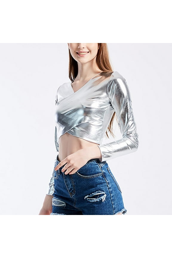 Women Faux Leather Shiny Wetlook Crop Top Long Sleeve V-neck Top Dance Clubwear