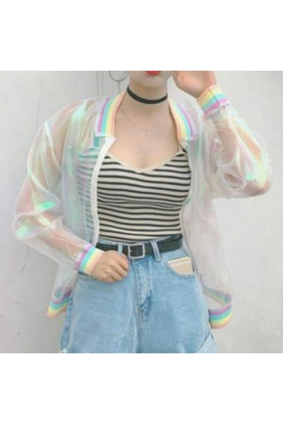 Women Iridescent Transparent Jacket Holographic Coat Laser Rainbow Bomber