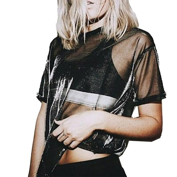 Ana Women See Through Mesh Shiny Sheer Top T-Shirt Casual Blouse Tee Sexy Clubwear