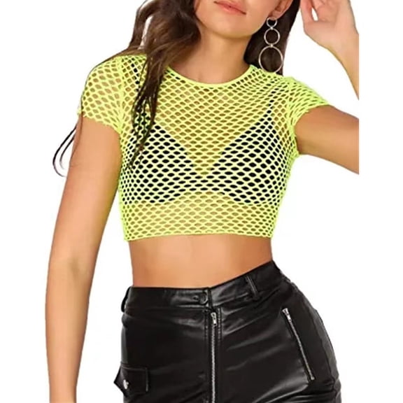 Ana Womens Sheer Mesh Fish Net Short Sleeve See Though Crop Top T-Shirt Blouse