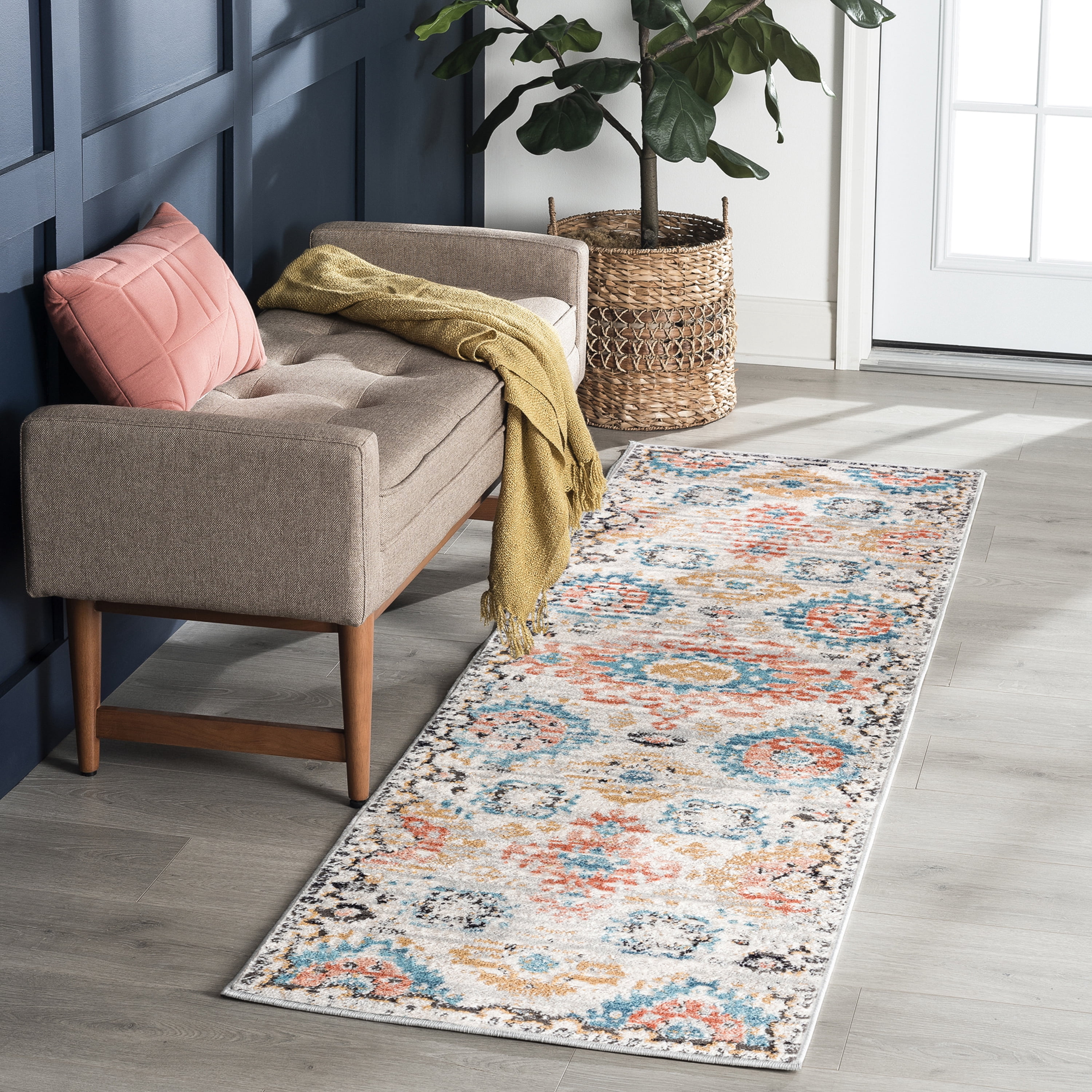 Anabel Traditional 2' x 7' Aqua and Peach Polypropylene & Polyester Indoor Area Rug