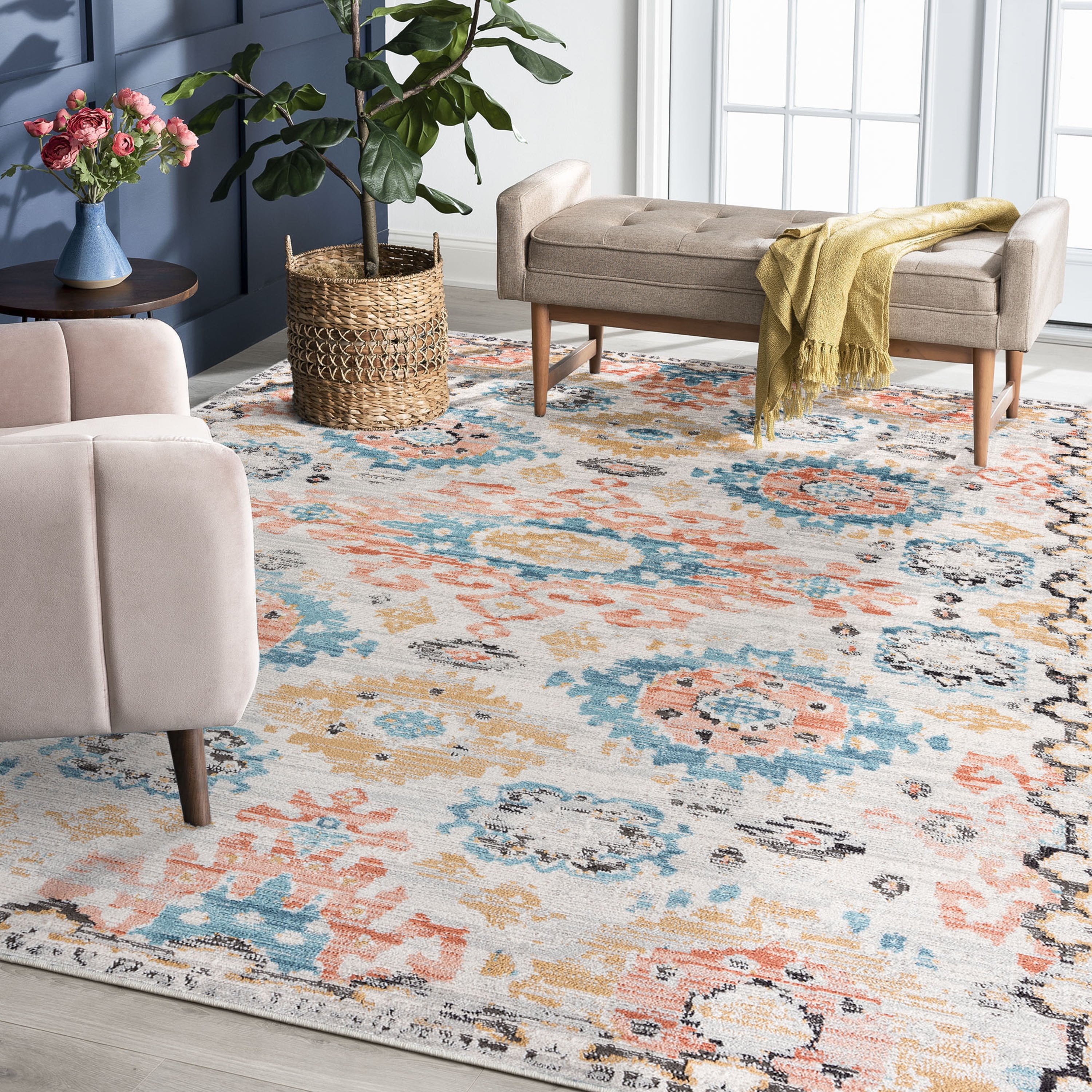 Anabel Traditional 5' x 7' Aqua and Peach Polypropylene