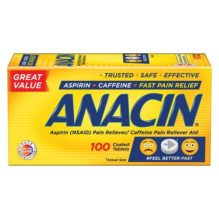 Anacin Fast Pain Relief, Pain Reducer Aspirin Tablets, 100 Tablets
