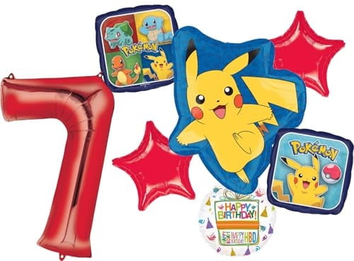 Anagram 7th Birthday Party Supplies 7pc Pikachu Foil Balloon Bouquet Decorations