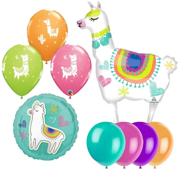 Anagram Alpaca Llama 41" Supershape Foil Jumbo Birthday Party Balloon, 17" Round Llama Selfie Celebration Balloon, 3X Llama Print Latex Balloons, Pixiss Teal, Pink, Purple, Orange 11" Latex Balloons