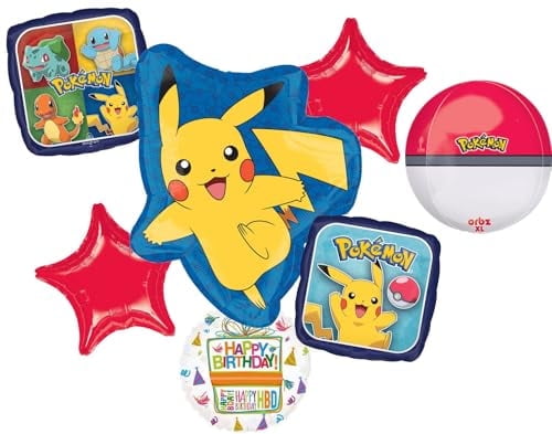 Anagram Birthday Party Supplies 7pc Pikachu Foil Balloon Pokeball Bouquet Decorations