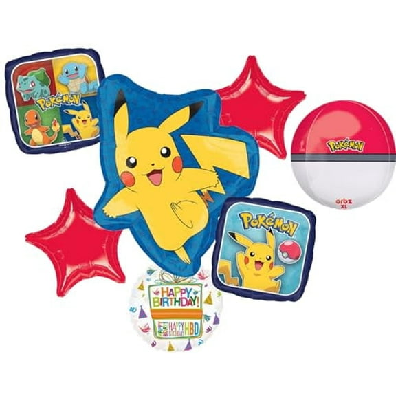 Anagram Birthday Party Supplies 7pc Pikachu Foil Balloon Pokeball Bouquet Decorations