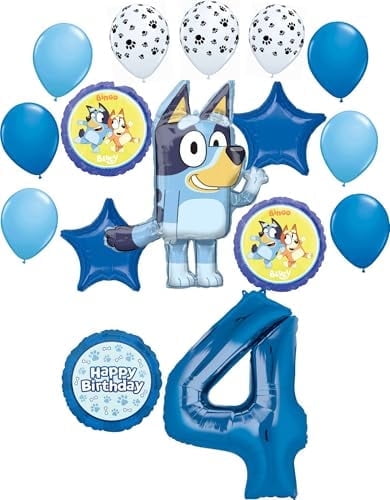 Anagram Bluey 4th Birthday Party Supplies Bingo Foil and Latex Balloon Bouquet Decorations 16pc